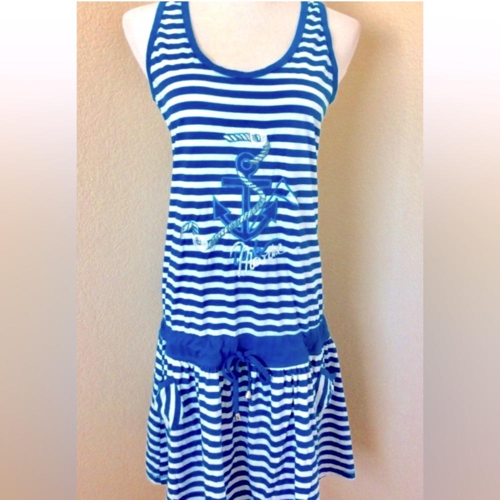 Cotton dress striped sleeveless beach pool dress turquoise blue white nautical